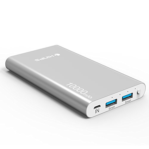 Power Bank, Kinps 10000mAh (Doble Puerto, Total 5V/3.5A) Batería Externa Portátil Carga Rápida Ultra Compacto con tecnología inteligente para iPhone 6/6s/6 plus/6s plus, iPad, dispositivos Android, Teléfonos móviles, Tablet (Plata)