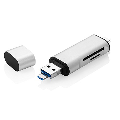 CoJoie Lector de tarjetas SD / TF con Adaptador 3-en-1 USB-A / Micro USB / USB-C, Plata