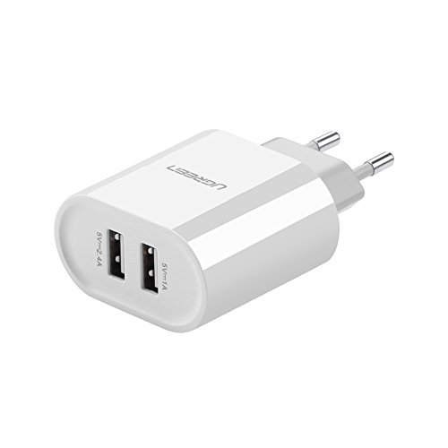 UGREEN 20384 - Cargador con 2 Puertos USB 5V/2.4A y 5V/1A USB Adaptador de Corriente 17W Enchufe Europeo, Color Blanco