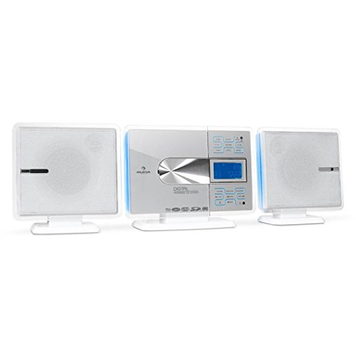 auna VCP-191 minicadena (sistema estéreo con reproductor de CD, MP3, USB, SD, AUX, radio AM/FM, panel táctil retroiluminado, reloj con alarma, ecualizador, posibilidad montaje pared) - blanco