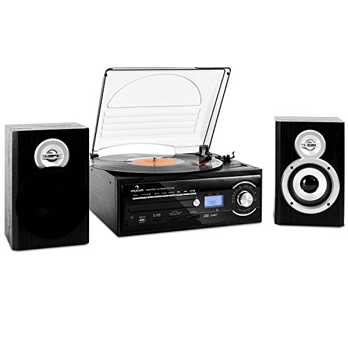 auna TT-190 cadena estéreo con tocadiscos (MP3, CD, USB, SD, casete, mando a distancia, función grabación, pantalla LCD)