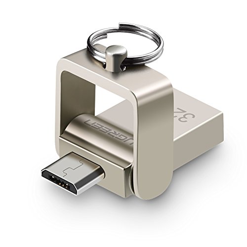 Memoria USB OTG para Android, UGREEN Unidad Flash USB 2.0 y OTG Micro USB 2 en 1 Pendrive Dual para Android OTG Móviles y Tabletas Rotación a 180 Grados, Carcasa Metálica y Anilla de Llavero (Plata, 32GB)