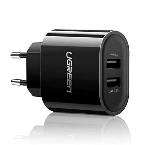 UGREEN 20383 - Cargador con 2 Puertos USB 5V/2.4A y 5V/1A USB Adaptador de Corriente 17W Enchufe Europeo (Negro)