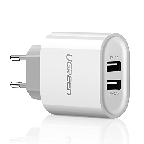 UGREEN 20384 - Cargador con 2 Puertos USB 5V/2.4A y 5V/1A USB Adaptador de Corriente 17W Enchufe Europeo, Color Blanco