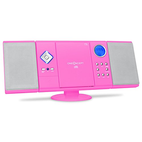 oneConcept V-12 minicadena (reproductor estéreo compacto de CD, MP3, entrada AUX, USB, SD, radio AM/FM, reloj integrado con alarma, fácil montaje en pared, estiloso diseño) - rosa