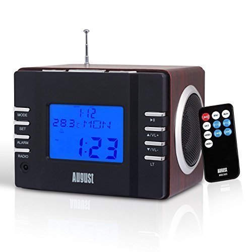 August MB300 - Radio FM MP3 y alarma despertador, potente radio estéreo con acabado de madera, lector de tarjetas, puerto USB, conexión auxiliar 3,5mm - 2 x 3W altavoces hifi con batería interna recargable y mando a distancia