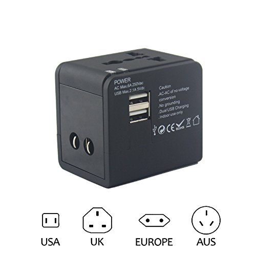 Enchufe Adaptador y USB universales para los Turistas de/Servicio de los Viajeros En El Extranjero con 2 x USB A Puerto 5 V Negro (Conector de tipos: UK, EU, US y AUS.)