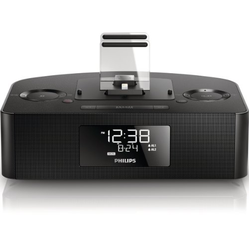 Philips AJ7260D/12 - Radio despertador con triple carga y base dual para iPod/iPhone/iPad (USB, FM, alarma dual), negro
