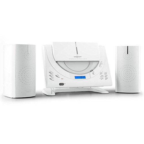 oneConcept Vertical 80 minicadena (reproductor estéreo de CD, USB, MP3, AUX, radio AM/FM, pie de apoyo y soporte para pared, mando a distancia, pantalla LCD) - blanco