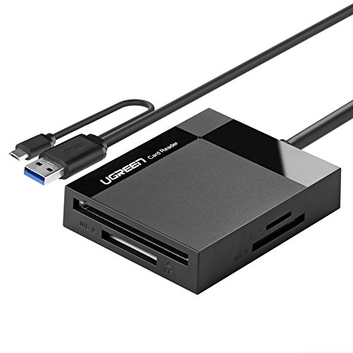 UGREEN USB 3.0 Lector de Tarjeta Múltiple Leer Simultáneamente 4 en 1 con OTG, la velocidad alta de hasta 5 Gbps, Soporta tarjetas de memoria TF/SD/SDXC/SDHC/MMC/CFI/CFII/Ultra II CF/Extreme CF/MS, compatible con Windows XP/Vista/7/8/10, Mac OS and Linux 