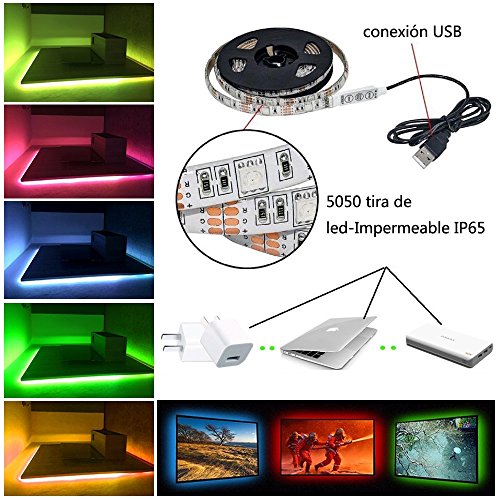 Simfonio Tiras LED Iluminación 1m 5v 30leds IP65 Impermeable 5050 SMD RGB Multicolor Tira de Led Kit Completo con Mini Control y Conexión USB para TV, HDTV, Pantalla LCD, Portátil, Sobremesa, Dormitorio